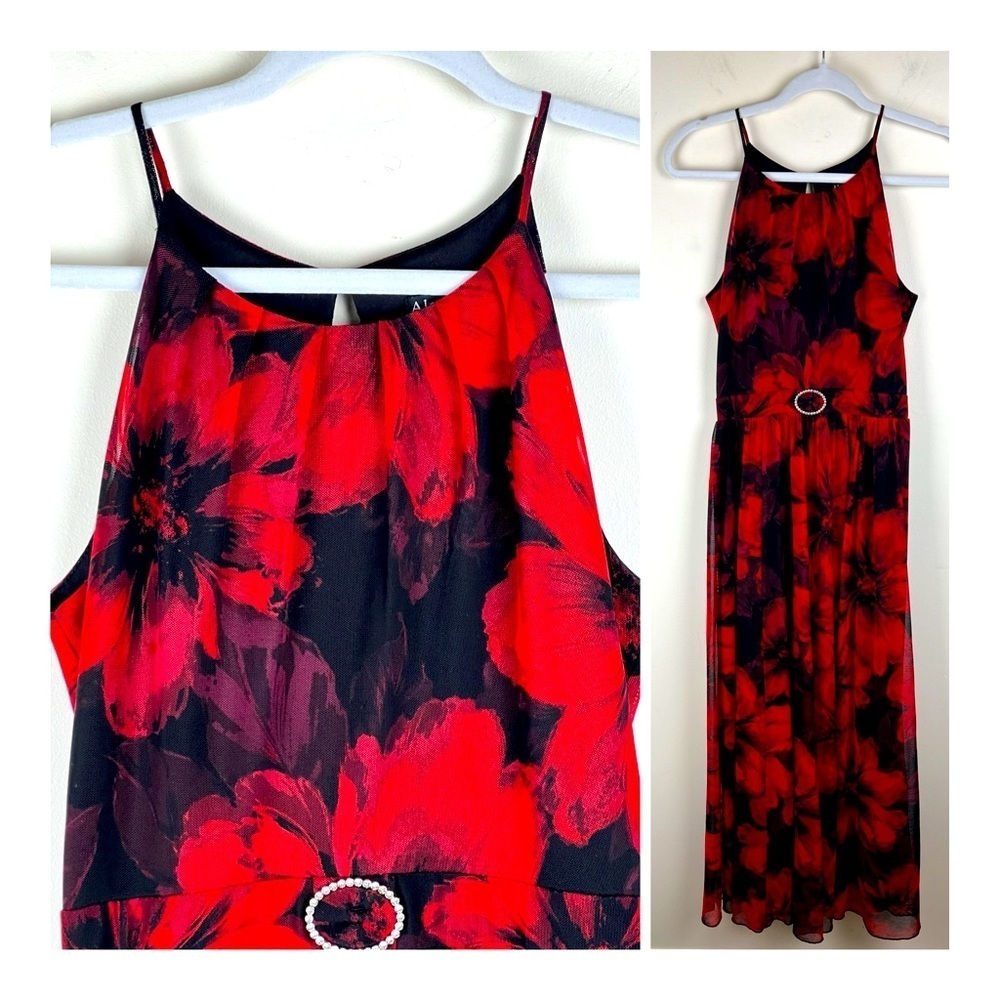 Alexa B Nites | Romantic Whimsigoth Y2K Mesh Red & Black Floral Maxi Dress 8